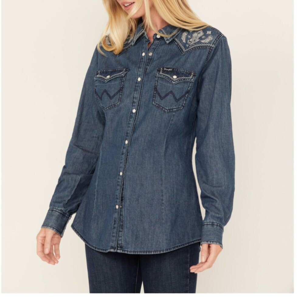 Wrangler Western Denim Shirt Blue Retro Embroidered Womens XS - Picture 2 of 6